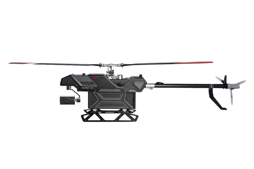 Ranger P2X unmanned helicopter with stabilised sensor payload, side profile.