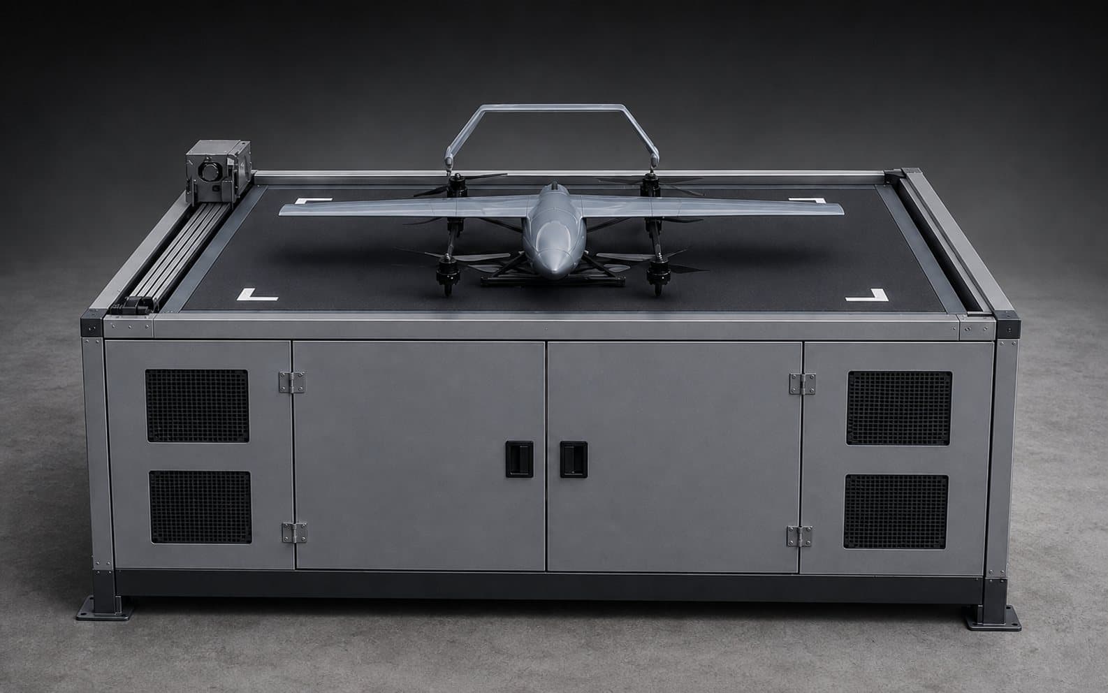 Afaero Autonomous Airbase with a VTOL aircraft docked on the landing deck.